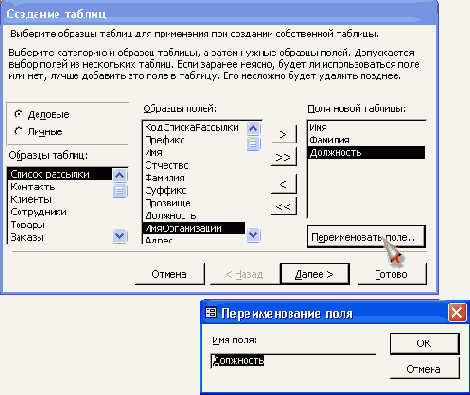 Диалоговое окно Переименование поля